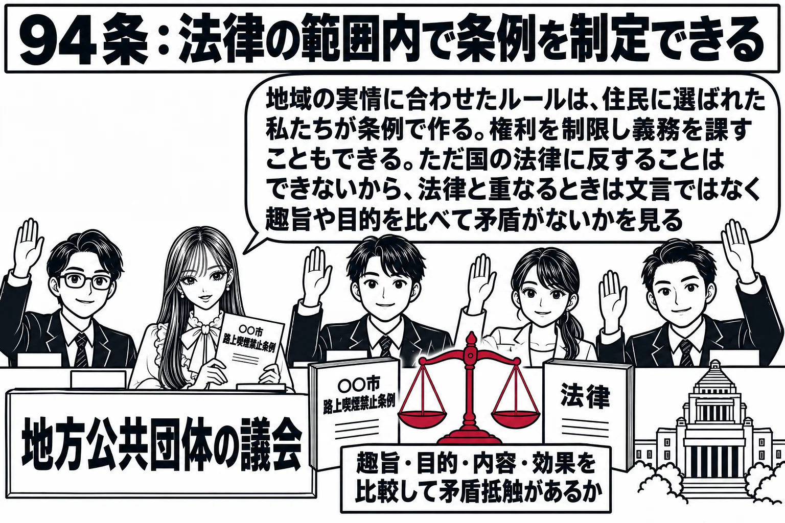 市議会の議場の場面。先生が市議会議長役（札「地方公共団体の議会」）で「○○市路上喫煙禁止条例」と書かれた冊子を掲げ、議員たちが挙手している。議場の壁に「94条：法律の範囲内で条例を制定できる」の看板。議場の外に国会議事堂の小さな絵と「法律」