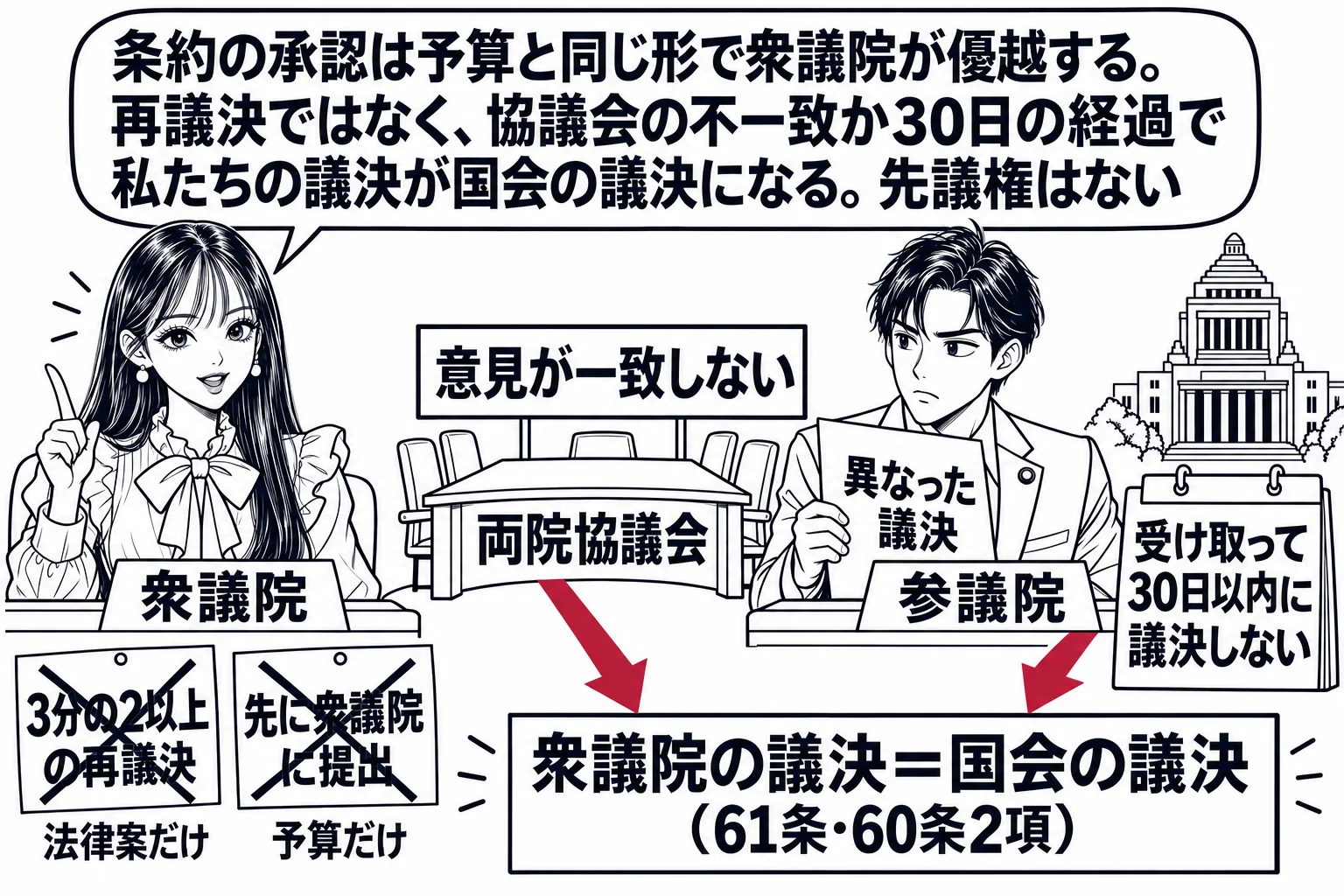 先生が衆議院議長役（札「衆議院」）で議長席に座り、右に参議院の建物と男性議員（札「参議院」）が「異なった議決」の紙を持つ。二人の間に「両院協議会」の机と札「意見が一致しない」、参議院の脇にカレンダーと札「受け取って30日以内に議決しない」。