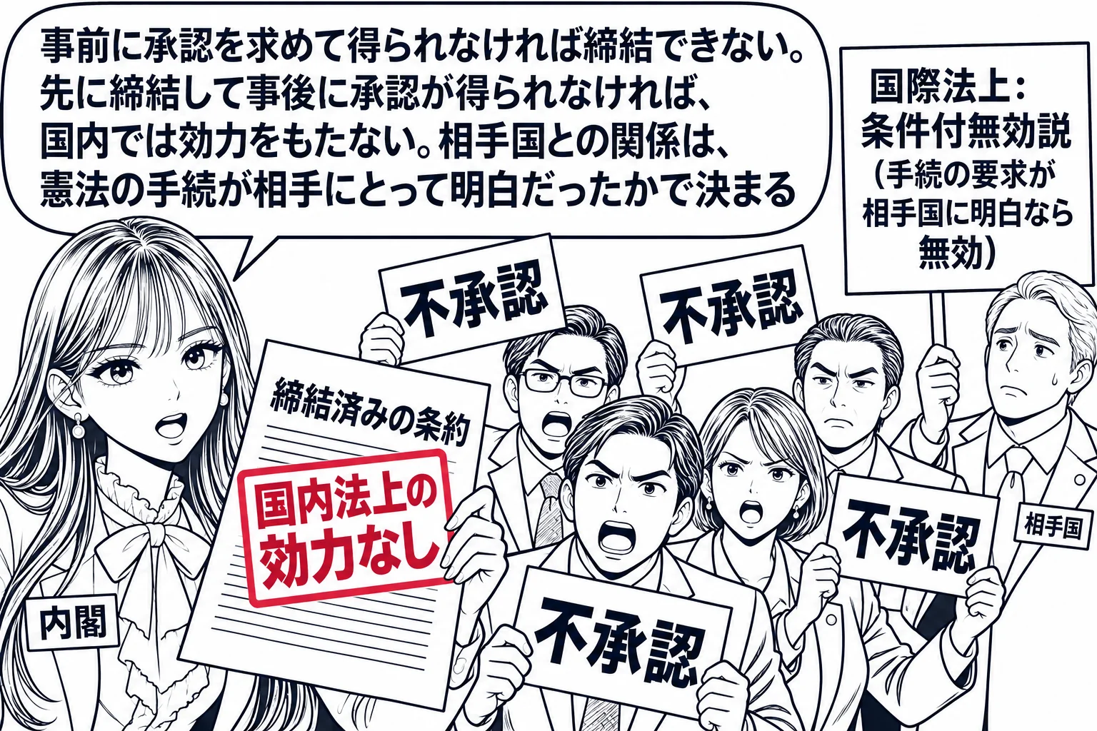 国会の本会議場の場面。先生が内閣総理大臣役（札「内閣」）が「締結済みの条約」と書かれた文書を掲げ、議場の議員たちが「不承認」の札を掲げている。文書の上に深紅の判「国内法上の効力なし」。右奥に相手国の代表の男性（札「相手国」）が小さく立ち、そ