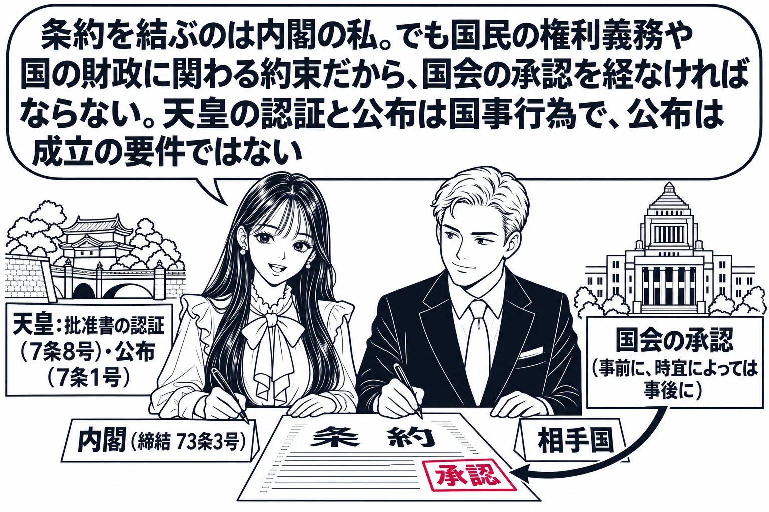 外務省の会議室の場面。先生が内閣総理大臣役（札「内閣（締結 73条3号）」）で、外国の代表の男性（札「相手国」）と「条約」と書かれた文書に署名している。机の右に国会議事堂の小さな絵と札「国会の承認（事前に、時宜によっては事後に）」、そこから