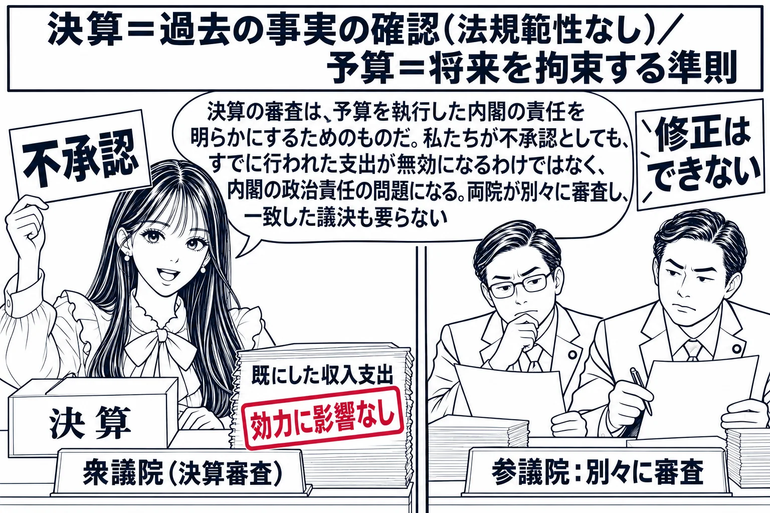 国会の委員会室の場面。先生が衆議院の議員役（札「衆議院（決算審査）」）で「決算」の帳簿を前に「不承認」と書かれた札を掲げ、隣の部屋には参議院の議員たち（札「参議院：別々に審査」）。帳簿の脇に「既にした収入支出」の束があり、その上に深紅の判「
