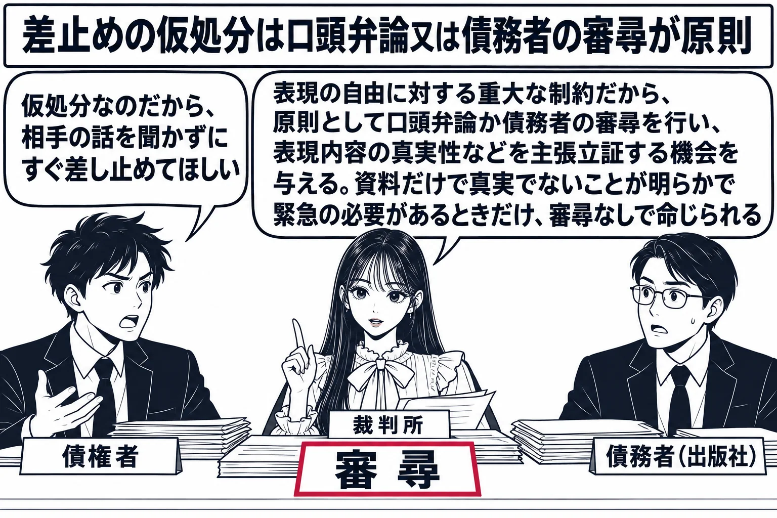 裁判所の審尋室の場面。先生が裁判官役（札「裁判所」）で机の中央に座り、右に出版社の男性（札「債務者（出版社）」）、左に申立人の男性（札「債権者」）が座る。債権者の吹き出し「仮処分なのだから、相手の話を聞かずにすぐ差し止めてほしい」。先生の吹