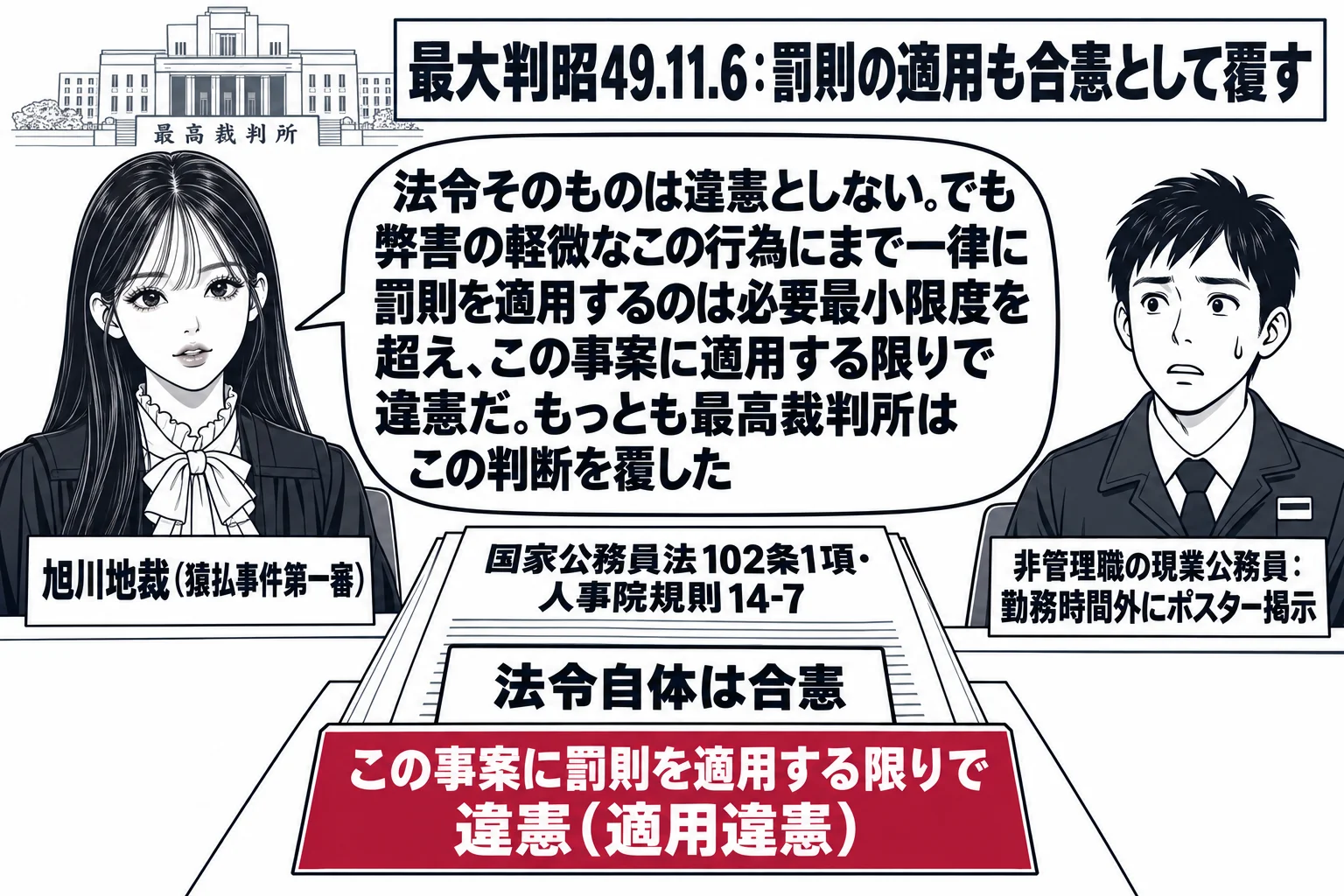 旭川地方裁判所の法廷の場面。先生が地方裁判所の裁判官役（札「旭川地裁（猿払事件第一審）」）で法壇に座り、被告席に郵便局員の男性（札「非管理職の現業公務員：勤務時間外にポスター掲示」）。机の上に「国家公務員法102条1項・人事院規則14-7」