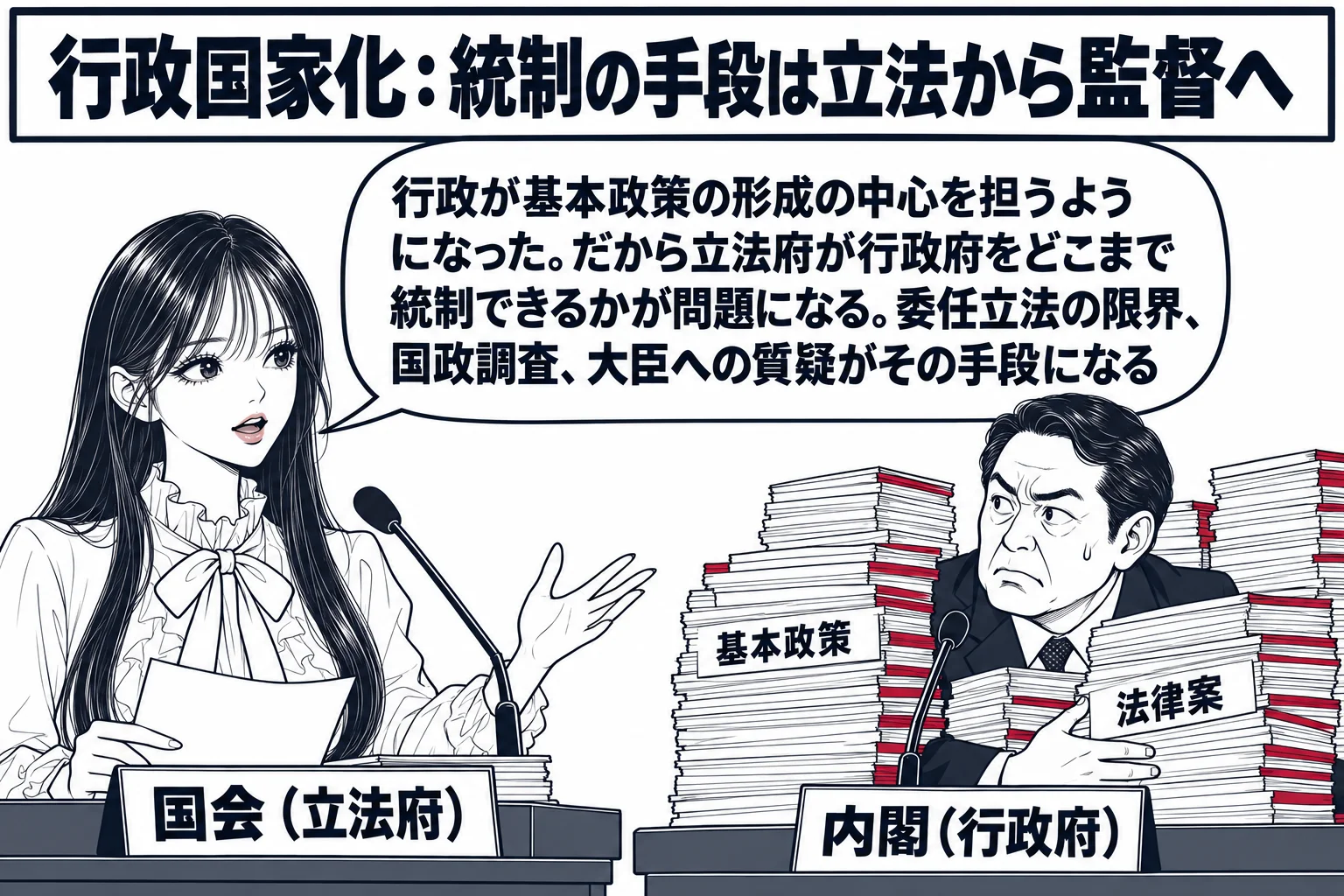 国会の委員会室の場面。先生が国会議員役（札「国会（立法府）」）で質問席に立ち、正面の答弁席に大臣の男性（札「内閣（行政府）」）が分厚い書類の山「基本政策」「法律案」を抱えて座っている。書類の山は大臣の側に高く積まれ、先生の机の上は薄い。先生