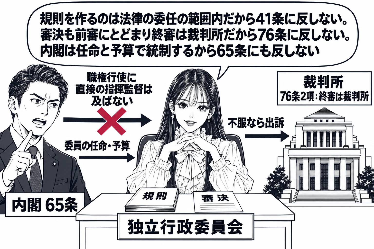 先生が公正取引委員会の委員長役（札「独立行政委員会」）で審判席に座り、机の上に「規則」と書いた冊子と「審決」と書いた紙が並ぶ。左に内閣総理大臣役の男性（札「内閣 65条」）が立ち、先生への指揮の矢印に深紅の×印と札「職権行使に直接の指揮監督