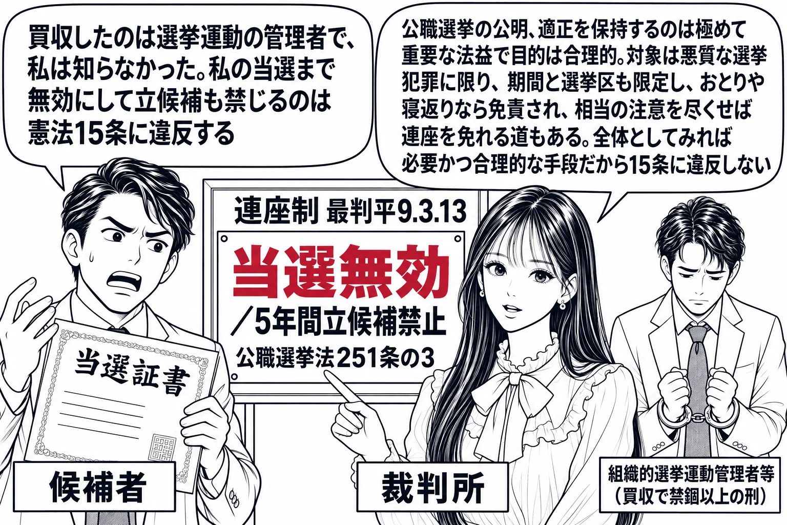 選挙管理委員会の掲示板の前の場面。先生が裁判官役（札「裁判所」）で中央に立ち、「当選無効／5年間立候補禁止　公職選挙法251条の3」と書かれた告示を指している。左に当選した候補者の男性（札「候補者」）が当選証書を持って立ち、吹き出し「買収し