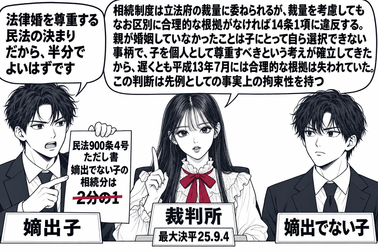 家庭裁判所の遺産分割の審判室の場面。先生が裁判官役（札「裁判所」）で中央に座り、左に嫡出子の男性（札「嫡出子」）が「民法900条4号ただし書　嫡出でない子の相続分は2分の1」と書かれた紙を示して「法律婚を尊重する民法の決まりだから、半分でよ