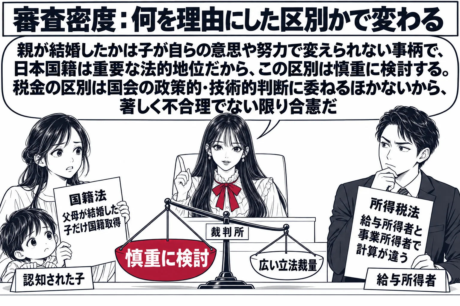 裁判所の法廷の場面。先生が裁判官役（札「裁判所」）で法壇に座り、左右に二つの事件の札。左に「国籍法　父母が結婚した子だけ国籍取得」と書かれた紙を持つ母親と小さな子ども（札「認知された子」）、右に「所得税法　給与所得者と事業所得者で計算が違う