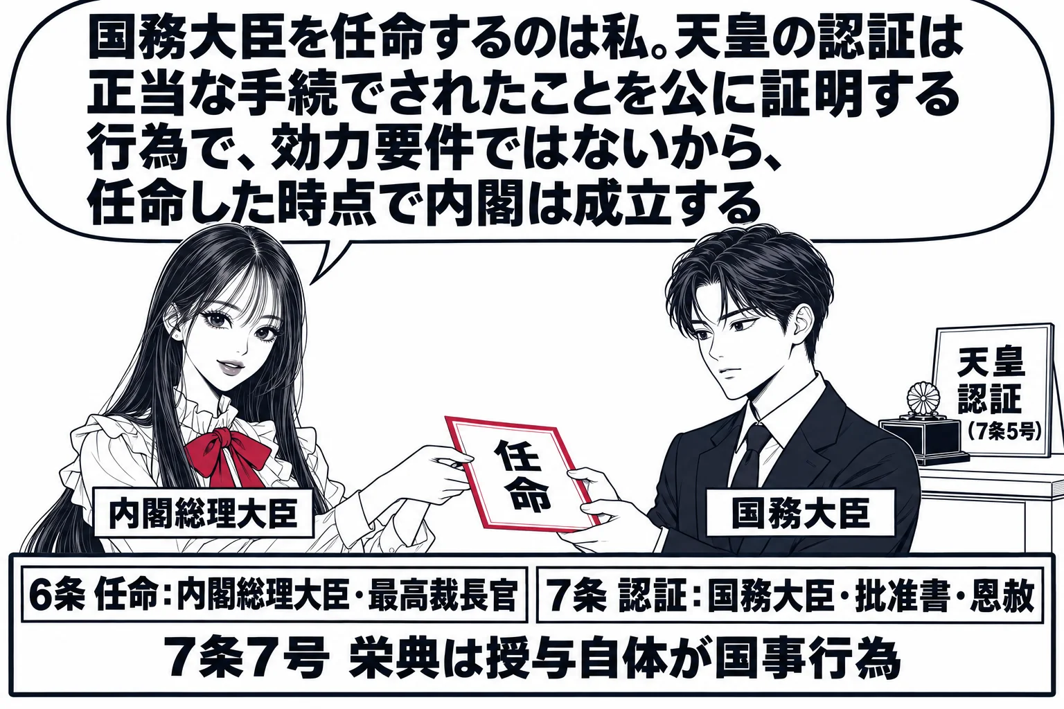 首相官邸の場面。先生が内閣総理大臣役（札「内閣総理大臣」）で、男性（札「国務大臣」）に「任命」と書かれた辞令を手渡している。先生の吹き出し「国務大臣を任命するのは私。天皇の認証は正当な手続でされたことを公に証明する行為で、効力要件ではないか
