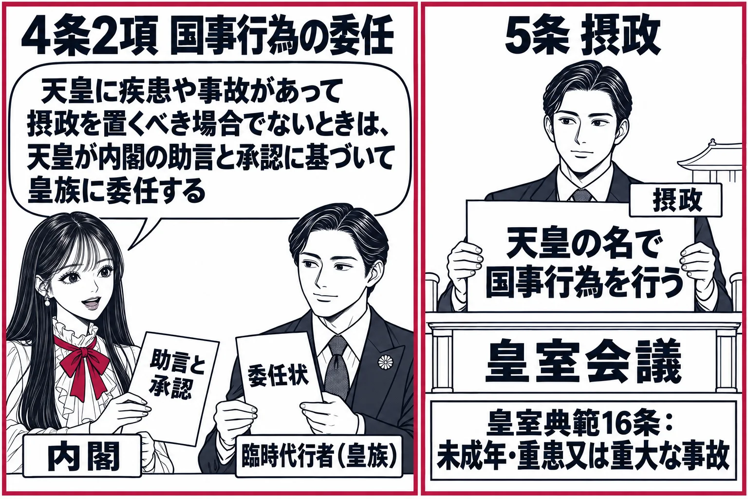 皇居の場面で左右二つの枠。左の枠の看板「4条2項 国事行為の委任」の中に、先生が内閣総理大臣役（札「内閣」）が「助言と承認」の書付を持ち、その隣で皇族の男性（札「臨時代行者（皇族）」）が「委任状」を受け取っている。先生の吹き出し「天皇に疾患