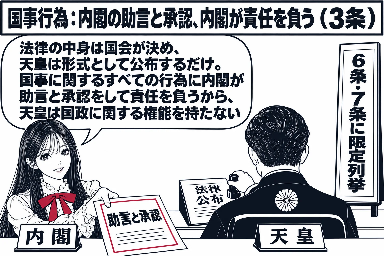 皇居の執務室の場面。奥の机に着いた人物の後ろ姿（札「天皇」）が「法律 公布」と書かれた文書に印を押しており、その手前で先生が内閣総理大臣役（札「内閣」）が「助言と承認」と書かれた書付を机に差し出している。先生の吹き出し「法律の中身は国会が決