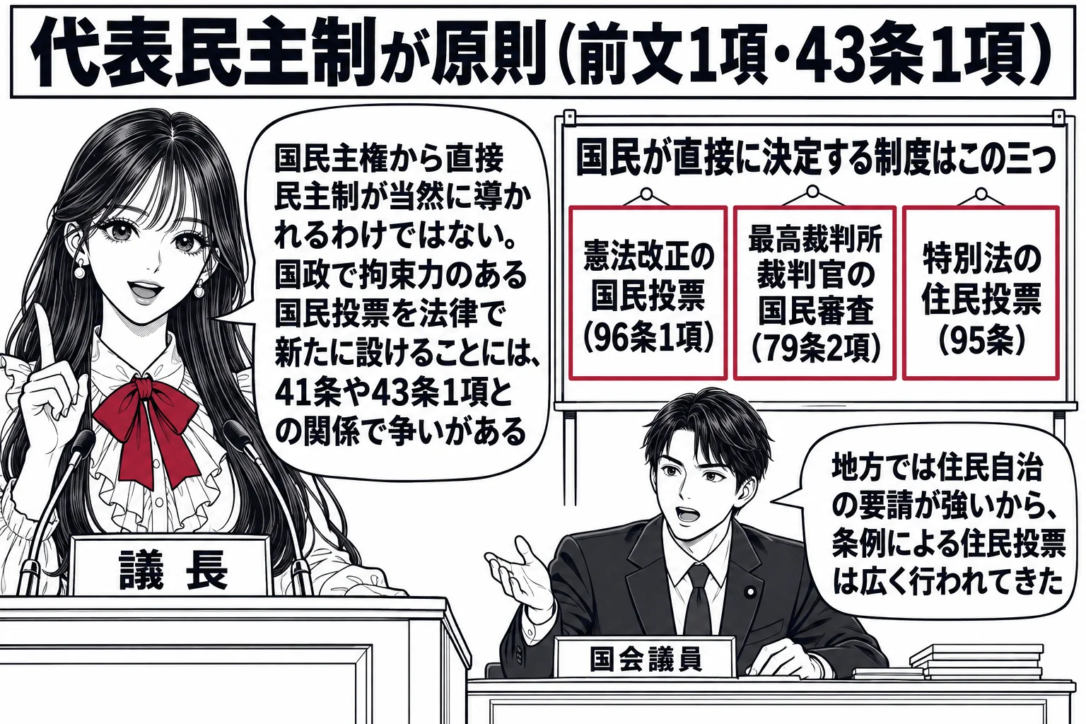 国会の本会議場の場面。先生が議長役（札「議長」）で演壇に立ち、上部の看板「代表民主制が原則（前文1項・43条1項）」。演壇の脇に三枚の札を掛けた小さな掲示板があり、札「憲法改正の国民投票（96条1項）」「最高裁判所裁判官の国民審査（79条2