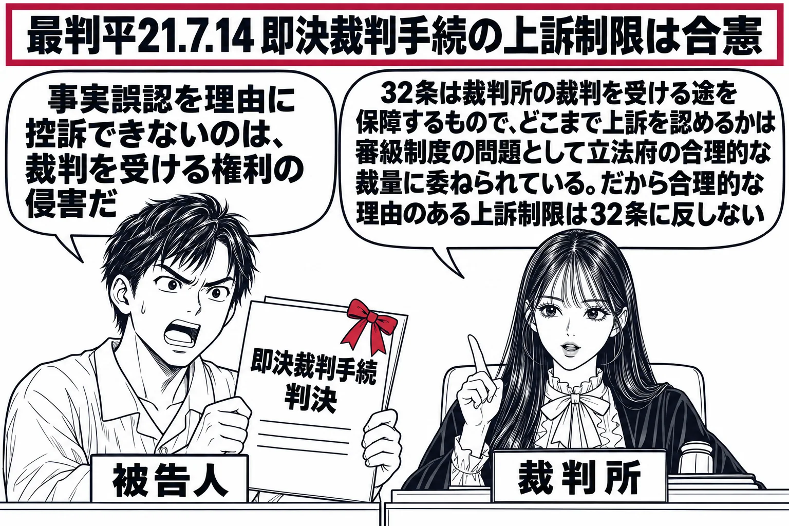 法廷の場面。先生が裁判官役（札「裁判所」）で法壇に座っている。前に立つ被告人の男性（札「被告人」）が「即決裁判手続 判決」と書かれた紙を持ち、吹き出し「事実誤認を理由に控訴できないのは、裁判を受ける権利の侵害だ」。先生の吹き出し「32条は裁