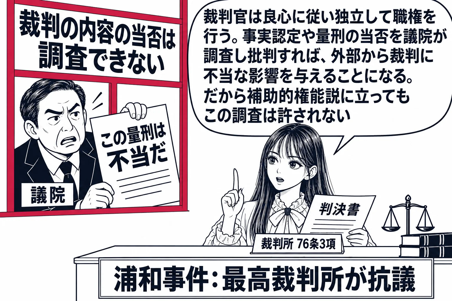 先生が裁判官役（札「裁判所 76条3項」）で法廷に座り、判決書を手にしている。左の窓の外から国会議員の男性（札「議院」）が「この量刑は不当だ」と書かれた決議文を掲げて覗き込んでいるが、窓には深紅の線と札「裁判の内容の当否は調査できない」。先