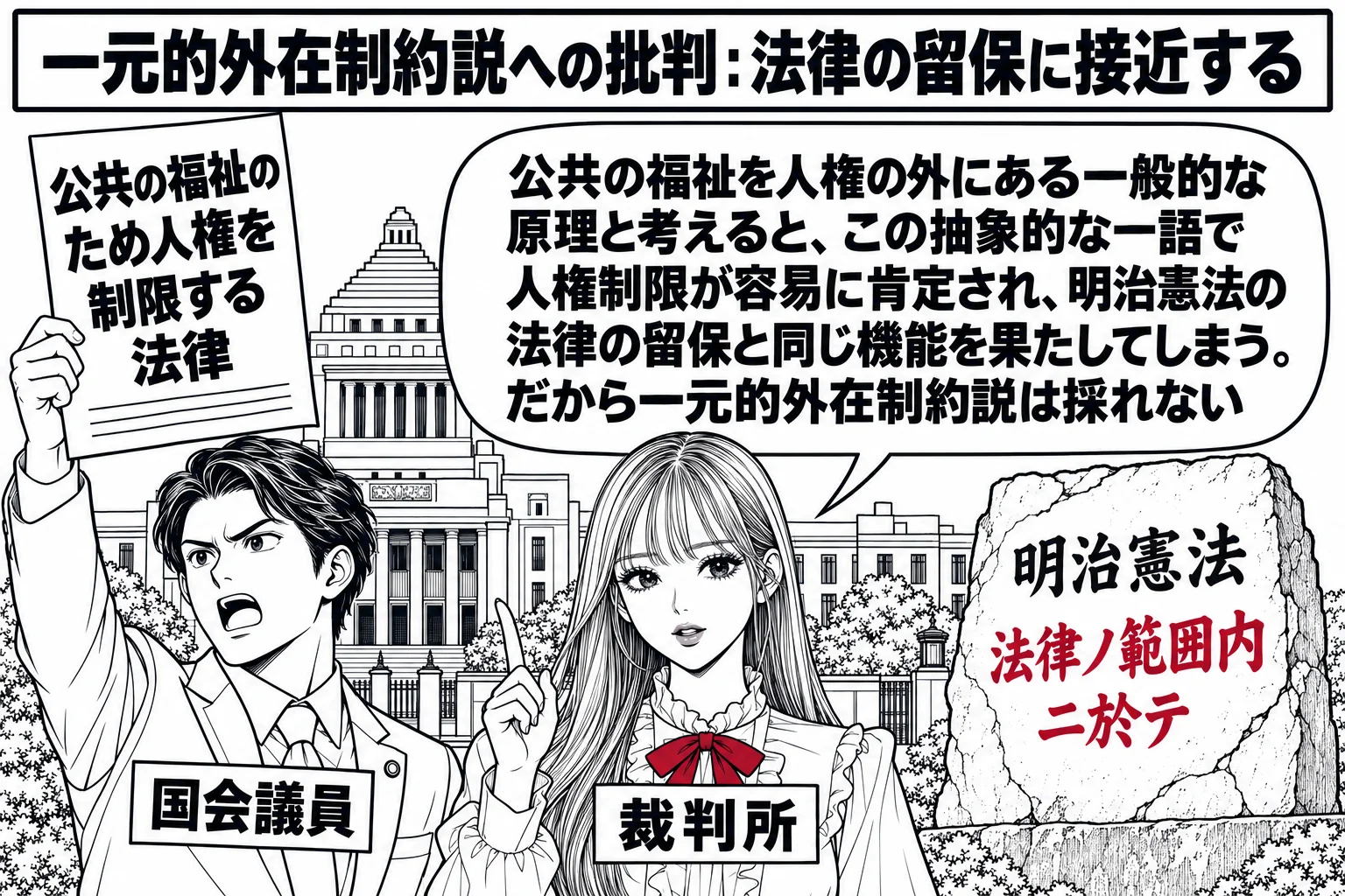 国会議事堂の前の場面。先生が裁判官役（札「裁判所」）で中央に立ち、左に国会議員の男性（札「国会議員」）が「公共の福祉のため人権を制限する法律」と書いた法案の紙を高く掲げている。右奥に古びた石碑があり「明治憲法 法律ノ範囲内ニ於テ」と刻まれて