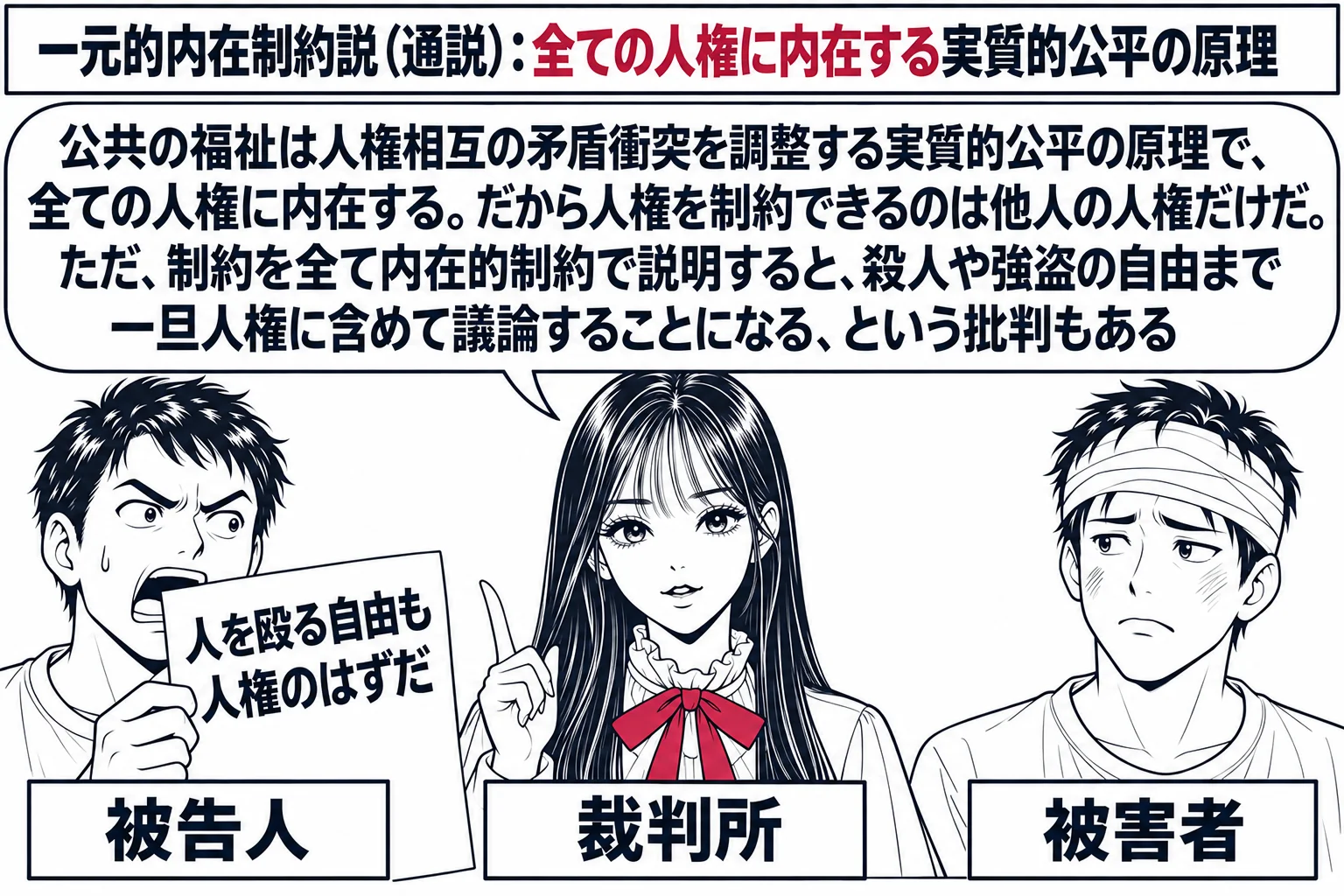 裁判所の法廷の場面。先生が裁判官役（札「裁判所」）で中央。左に被告人席の男性（札「被告人」）が「人を殴る自由も人権のはずだ」と書いた紙を掲げている。右に殴られて包帯を巻いた男性（札「被害者」）が立つ。先生の吹き出し「公共の福祉は人権相互の矛