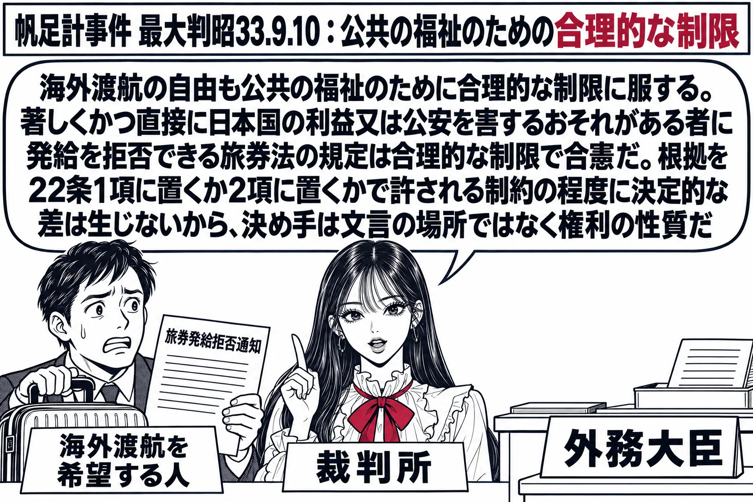 旅券センターの窓口の場面。先生が裁判官役（札「裁判所」）で中央に立つ。左に旅行かばんを持った男性（札「海外渡航を希望する人」）が「旅券発給拒否通知」と書いた紙を手に困った顔で立ち、右のカウンターに「外務大臣」の札の机がある。先生の吹き出し「