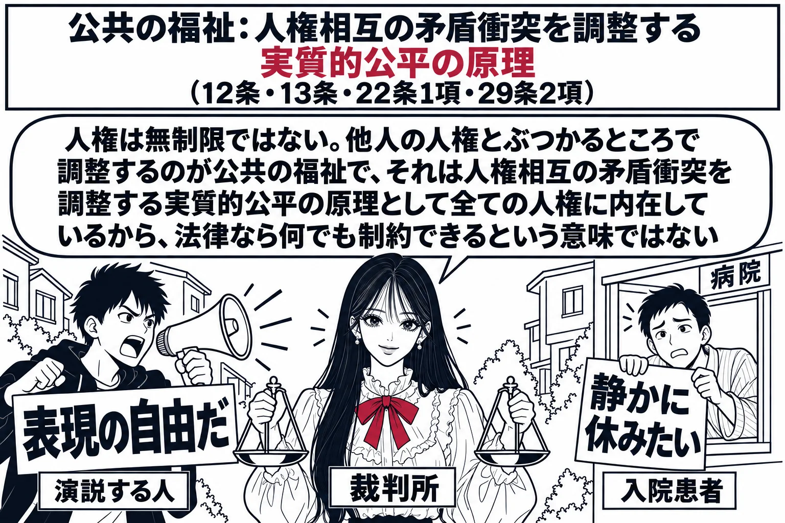 住宅街の道路の場面。先生が裁判官役（札「裁判所」）で中央に立つ。左に拡声器を持った男性（札「演説する人」）が「表現の自由だ」と書いたプラカードを持ち、右に病院の建物と「静かに休みたい」と書いた紙を窓から出す患者の男性（札「入院患者」）。先生
