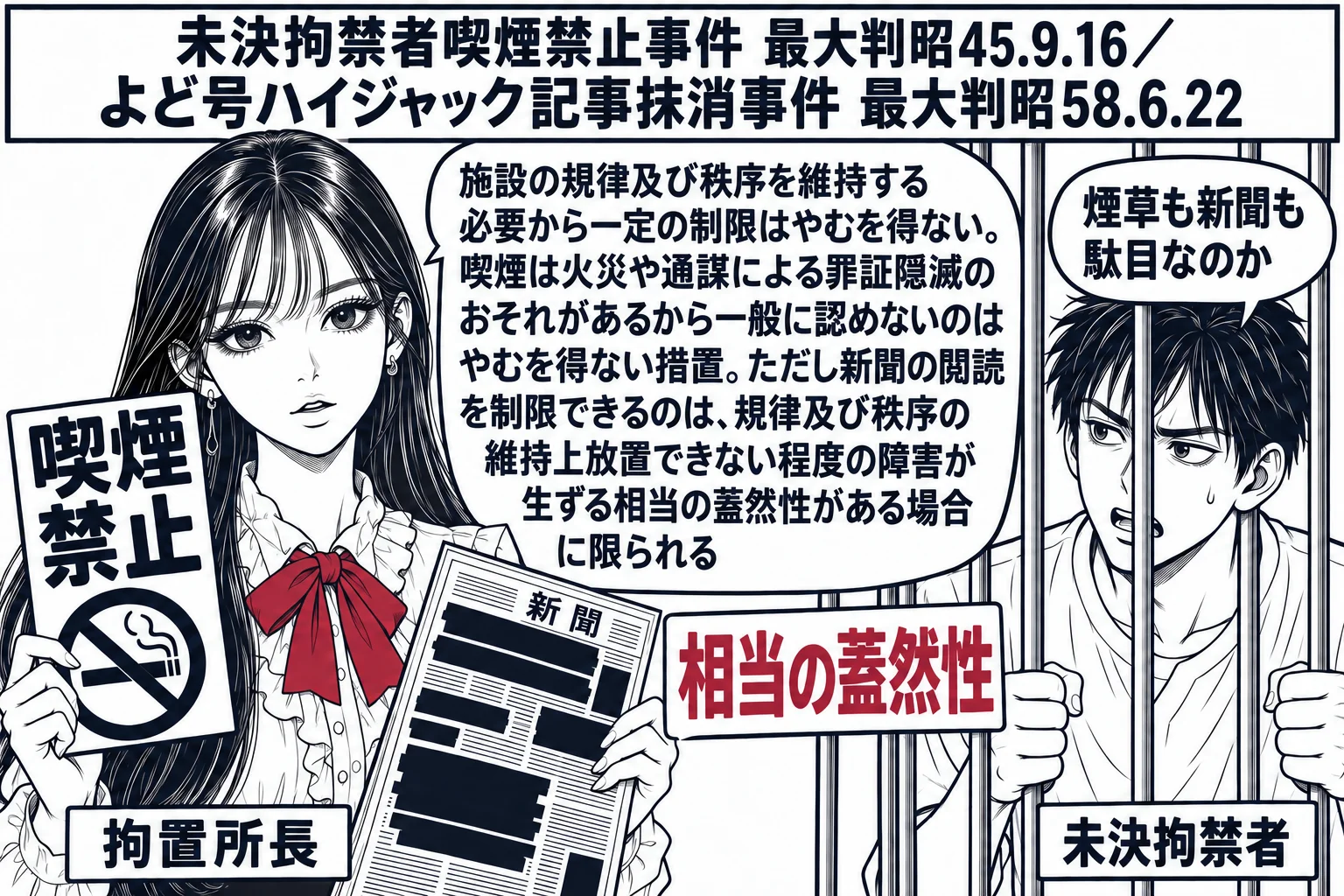 拘置所の居室の前の廊下の場面。先生が拘置所長役（札「拘置所長」）で立ち、右手に「喫煙禁止」の札、左手に黒く塗りつぶした記事のある新聞を持っている。鉄格子の向こうに未決拘禁者の男性（札「未決拘禁者」）が立ち、吹き出し「煙草も新聞も駄目なのか」
