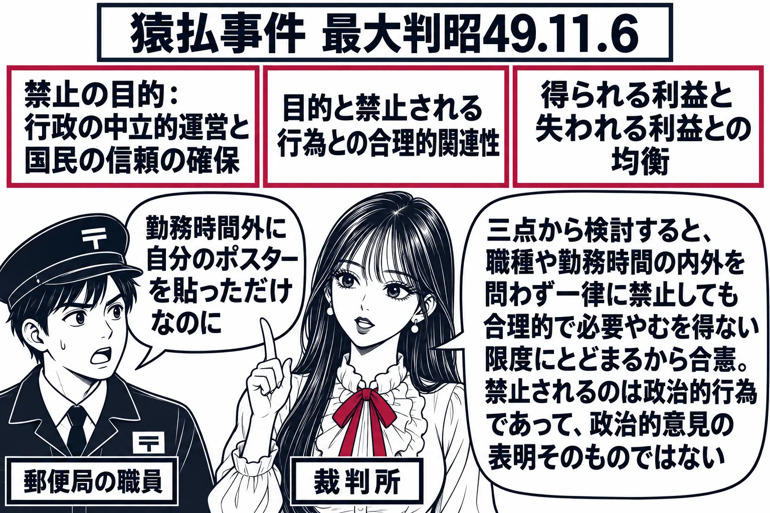 裁判所の法廷の場面。先生が裁判官役（札「裁判所」）で中央に立ち、三つ並んだ札を指している。札は左から「禁止の目的：行政の中立的運営と国民の信頼の確保」「目的と禁止される行為との合理的関連性」「得られる利益と失われる利益との均衡」。前に郵便局