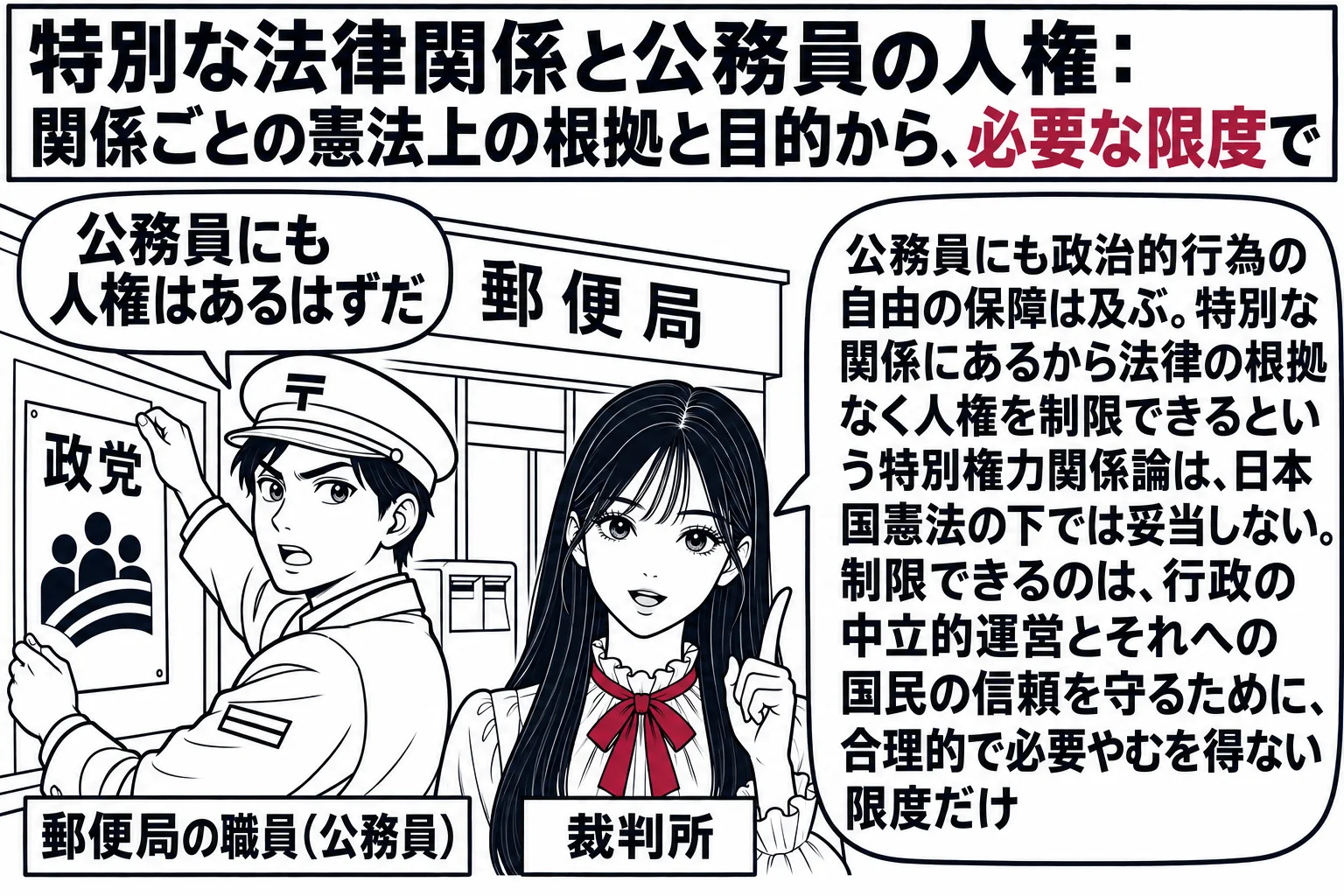 郵便局の前の場面。先生が裁判官役（札「裁判所」）で中央。左に郵便局の制服を着た職員の男性（札「郵便局の職員（公務員）」）が、政党のポスターを掲示板に貼ろうとしていて、吹き出し「公務員にも人権はあるはずだ」。先生の吹き出し「公務員にも政治的行