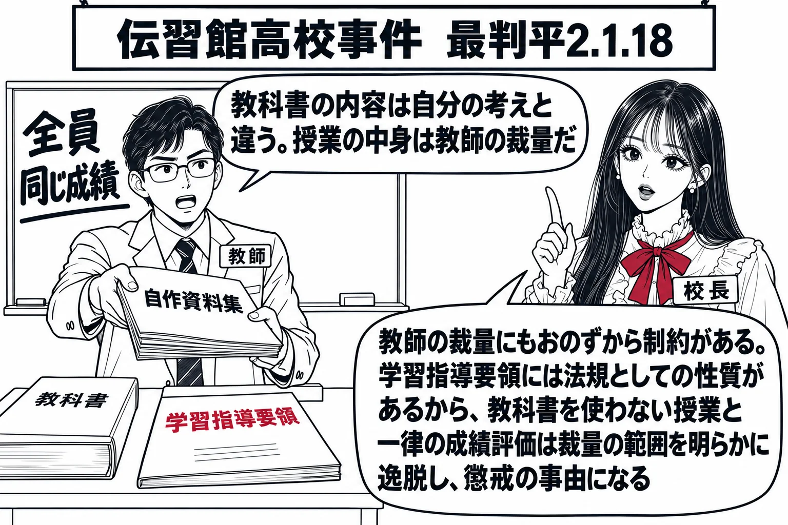 高校の教室の場面。先生が校長役（札「校長」）で教壇の横に立ち、教壇の男性教師（札「教師」）が教科書を机に伏せたまま自作の資料集を配り、黒板に「全員 同じ成績」と書いている。教師の吹き出し「教科書の内容は自分の考えと違う。授業の中身は教師の裁