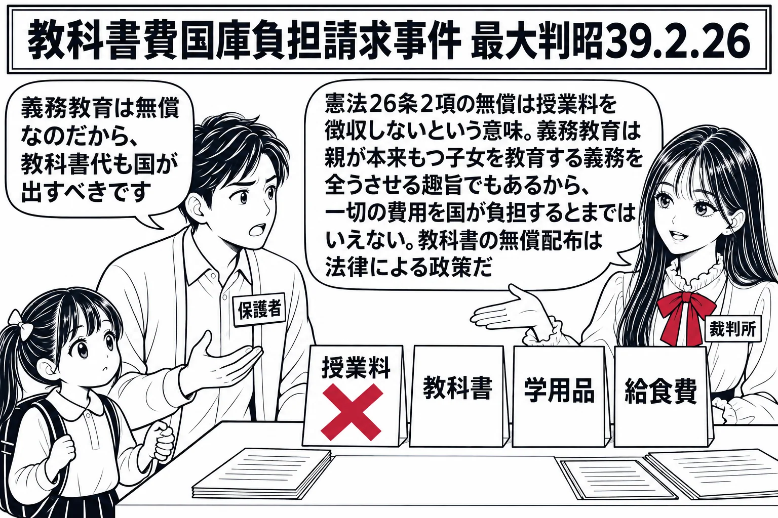 小学校の入学受付の場面。先生が裁判官役（札「裁判所」）で受付机の横に立ち、机の上に「授業料」と書かれた札に大きな×印、その隣に「教科書」「学用品」「給食費」と書かれた札が並んでいる。机の前に子どもの手を引いた父親（札「保護者」）が立ち、吹き