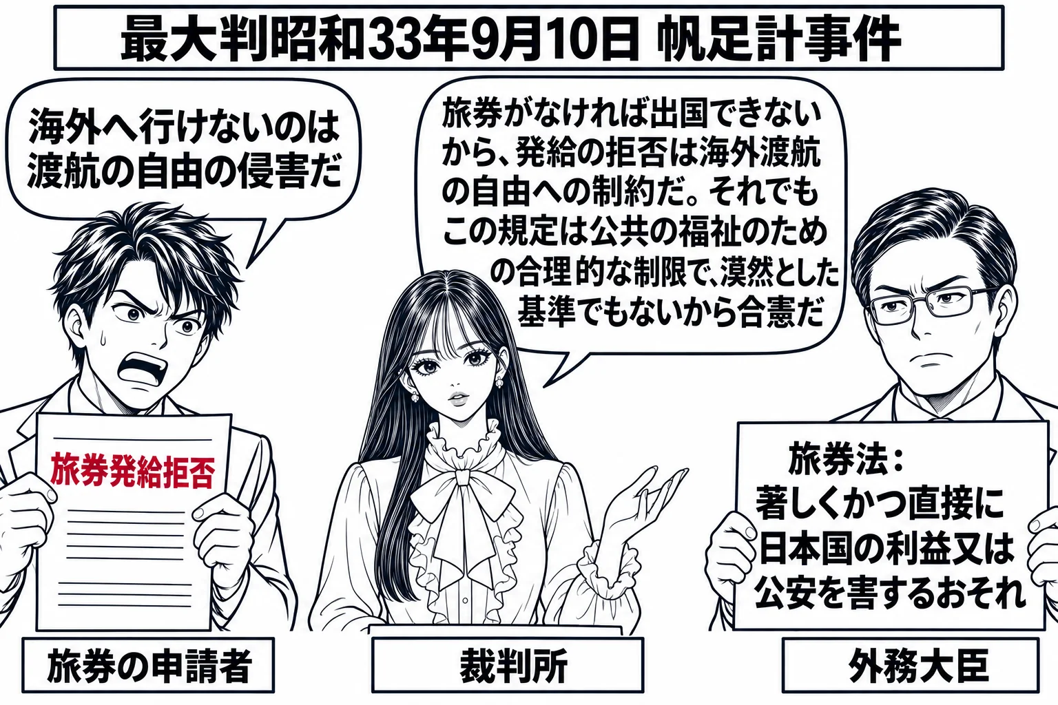 法廷の場面。先生が裁判官役（札「裁判所」）で中央に座り、左に旅券を申請した男性（札「旅券の申請者」）が「旅券発給拒否」と書かれた通知を持ち、吹き出し「海外へ行けないのは渡航の自由の侵害だ」。右に外務省の職員の男性（札「外務大臣」）が「旅券法