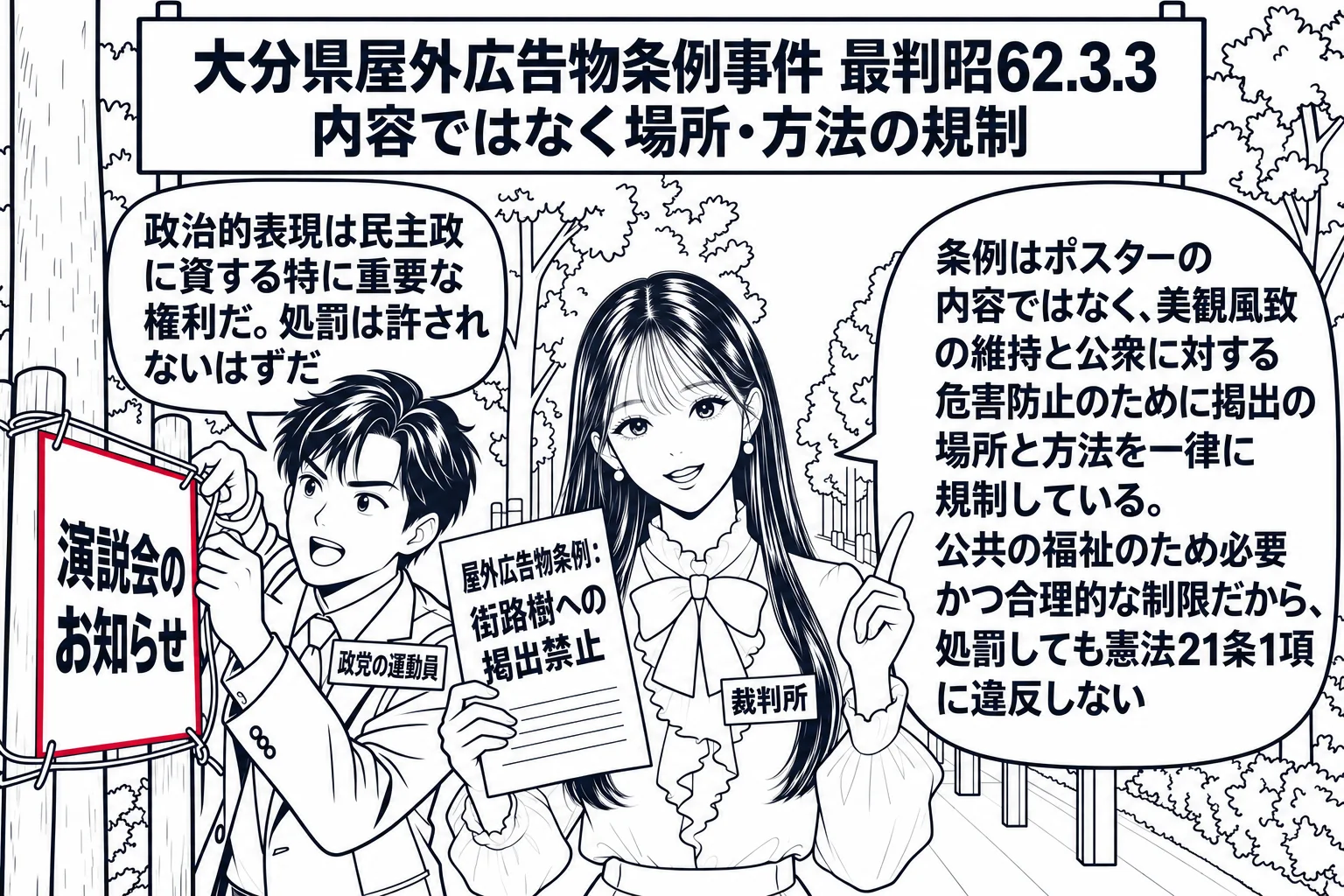 街路樹が並ぶ歩道の場面。先生が裁判官役（札「裁判所」）で中央に立ち、「屋外広告物条例：街路樹への掲出禁止」と書かれた条例の紙を掲げている。左に政党の運動員の男性（札「政党の運動員」）が街路樹の支柱に「演説会のお知らせ」と書かれたプラカード式