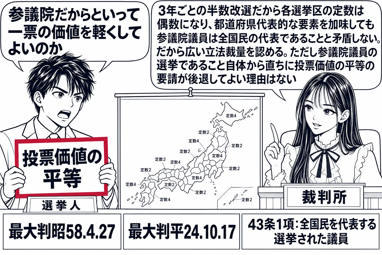 裁判所の法廷の場面。先生が裁判官役（札「裁判所」）で法壇に座り、前に日本地図が掛かっていて、地図には都道府県ごとに「定数2」「定数4」の偶数の数字が書かれている。左に原告の男性（札「選挙人」）が「投票価値の平等」と書いた紙を掲げ、吹き出し「