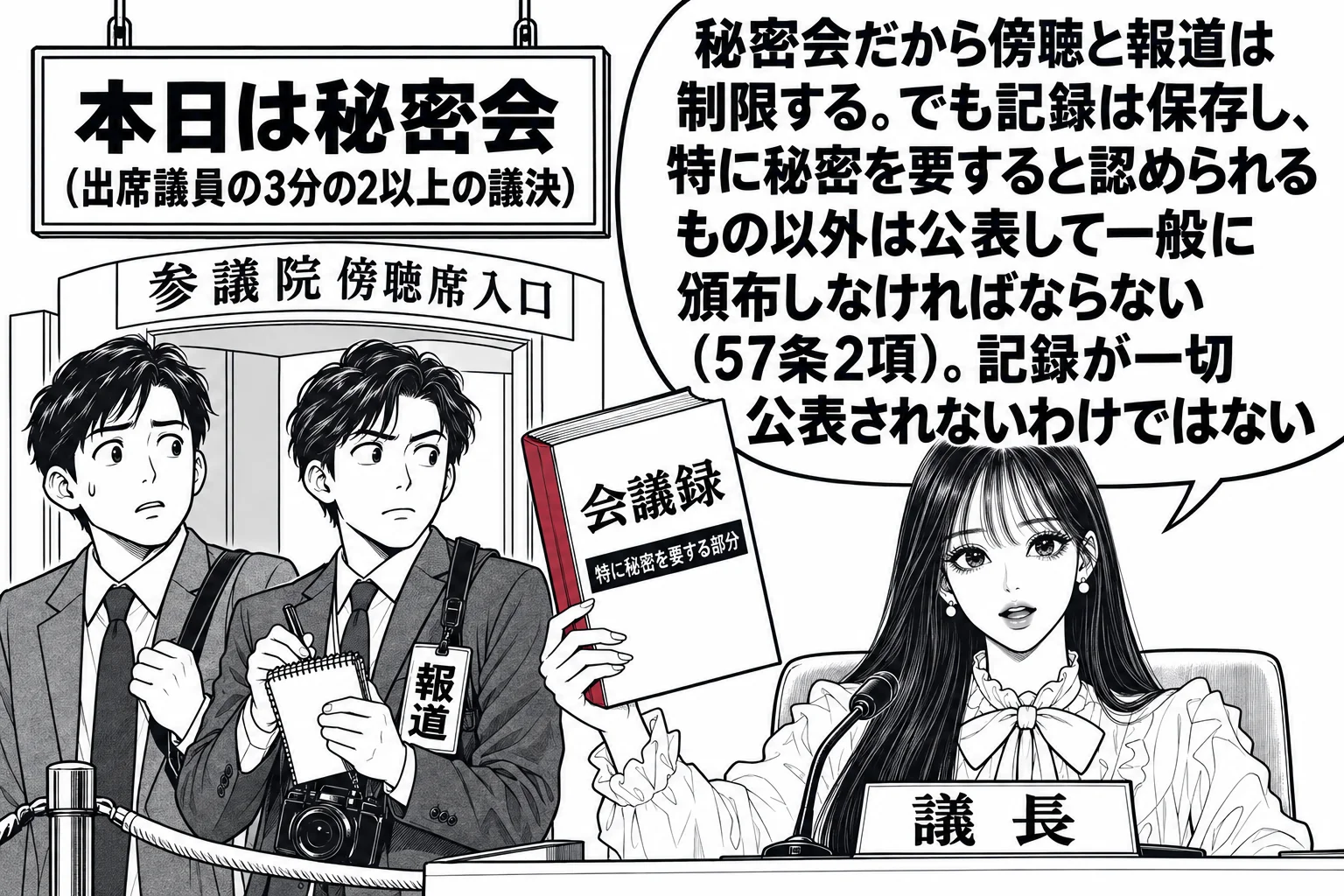 参議院の本会議場の場面。傍聴席の入口に「本日は秘密会（出席議員の3分の2以上の議決）」の看板が掛かり、傍聴人と記者の男性（札「報道」）が入口の外で待っている。先生が議長役（札「議長」）で議長席に座り、「会議録」と書かれた厚い冊子を掲げていて