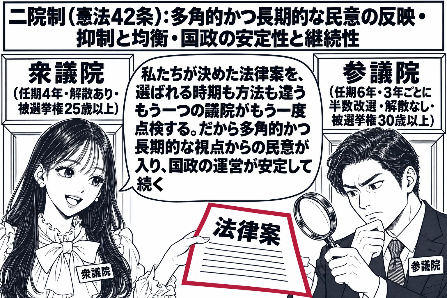国会議事堂の中央ホールの場面。左に「衆議院（任期4年・解散あり・被選挙権25歳以上）」の看板の扉、右に「参議院（任期6年・3年ごとに半数改選・解散なし・被選挙権30歳以上）」の看板の扉。先生が衆議院議長役（札「衆議院」）で「法律案」と書かれ