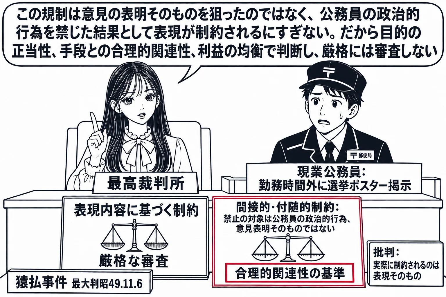 先生が最高裁判所の裁判官役（札「最高裁判所」）で法壇に座り、被告席に郵便局員の男性（札「現業公務員：勤務時間外に選挙ポスター掲示」）。先生の机に二枚の札。「表現内容に基づく制約」には細かい目盛りの秤と「厳格な審査」、「間接的・付随的制約：禁