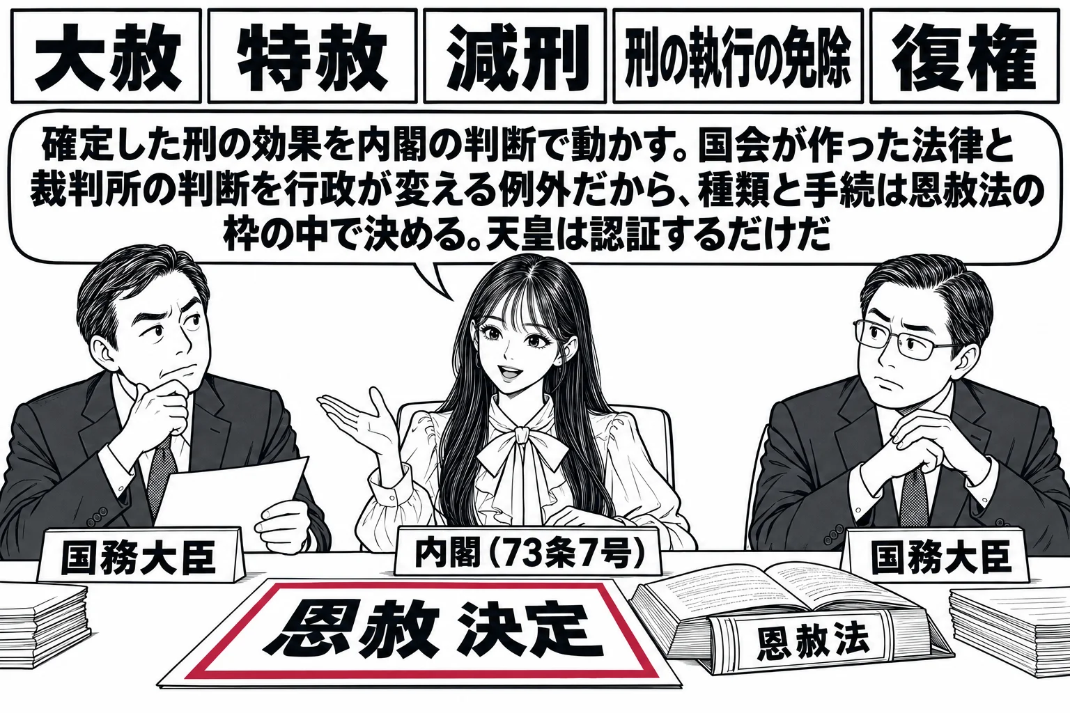 官邸の閣議室の場面。先生が内閣総理大臣役（札「内閣（73条7号）」）で長い机の中央に座り、周りに国務大臣の男性たちが座っている。机の上に「恩赦 決定」と書かれた書面と、その横に開いた法律書に「恩赦法」の札。壁には「大赦」「特赦」「減刑」「刑