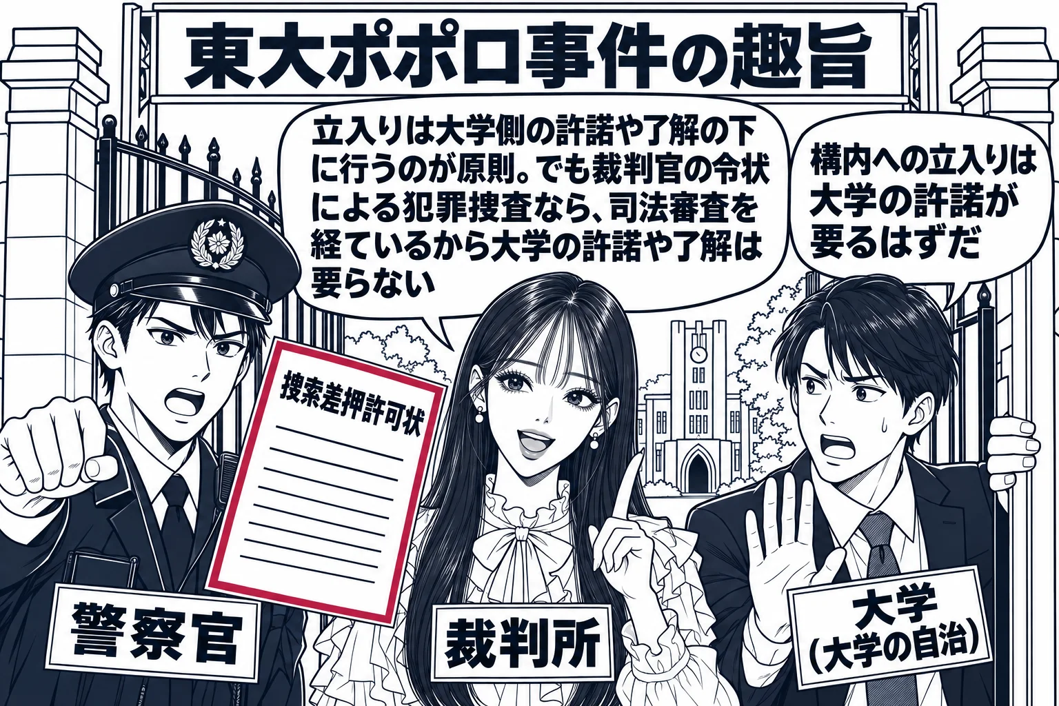 大学の正門前の場面。先生が裁判官役（札「裁判所」）で中央。左に警察官の男性（札「警察官」）が「捜索差押許可状」と書かれた令状を掲げ、右に大学の職員の男性（札「大学（大学の自治）」）が門を押さえて吹き出し「構内への立入りは大学の許諾が要るはず