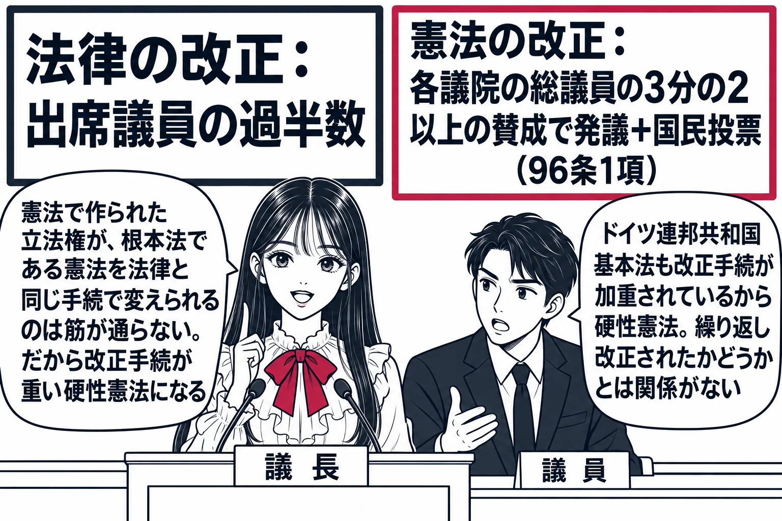 国会の議場の場面。先生が議長役（札「議長」）で演壇に立ち、左右に二つの札。左の札「法律の改正：出席議員の過半数」、右の札「憲法の改正：各議院の総議員の3分の2以上の賛成で発議＋国民投票（96条1項）」。先生の吹き出し「憲法で作られた立法権が