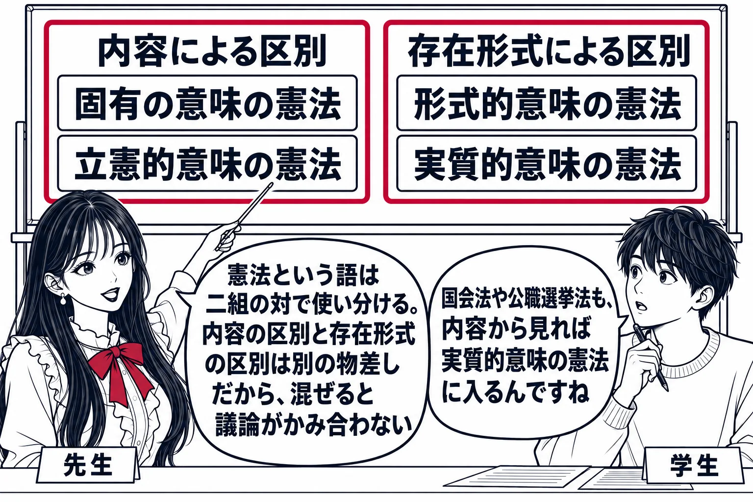 大学の法学の講義室の場面。先生が講師役（札「先生」）で黒板の前に立ち、黒板には左右二つの枠。左の枠の看板「内容による区別」の下に「固有の意味の憲法」「立憲的意味の憲法」の二枚の札、右の枠の看板「存在形式による区別」の下に「形式的意味の憲法」