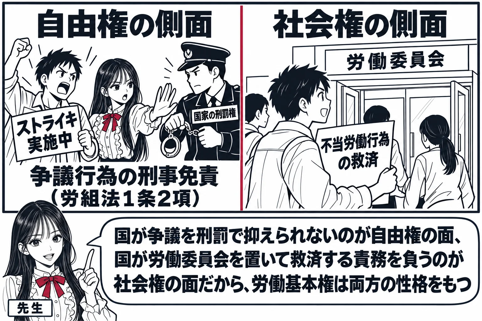 先生が講師役（札「先生」）で黒板の前に立ち、黒板が左右に分かれている。左に「自由権の側面」の見出しと、警官の男性（札「国家の刑罰権」）がストライキ中の労働者に手錠をかけようとして先生に止められている小さな絵、その下に「争議行為の刑事免責（労