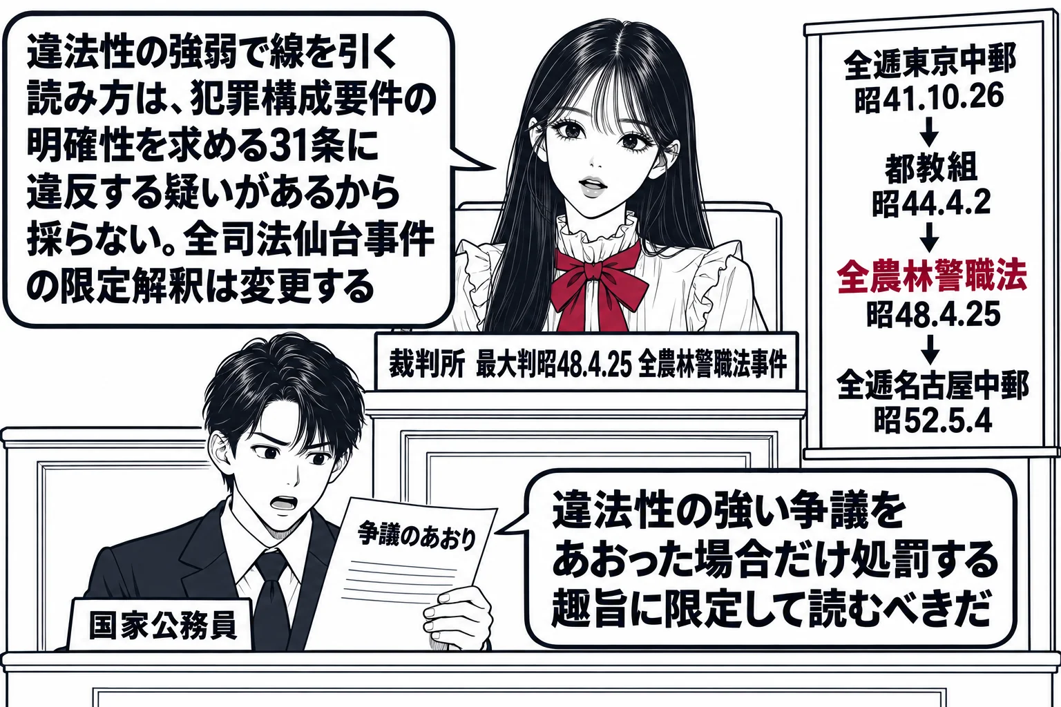 法廷の場面。先生が裁判官役（札「裁判所　最大判昭48.4.25 全農林警職法事件」）で法壇に座り、下に国家公務員の男性（札「国家公務員」）が「争議のあおり」と書かれた起訴状を見ながら、吹き出し「違法性の強い争議をあおった場合だけ処罰する趣旨