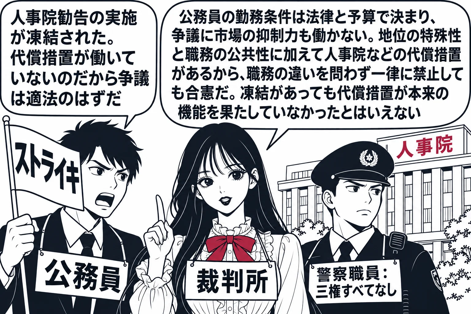 役所の前の場面。先生が裁判官役（札「裁判所」）で中央に立ち、左に「ストライキ」の旗を持つ公務員の男性（札「公務員」）が、吹き出し「人事院勧告の実施が凍結された。代償措置が働いていないのだから争議は適法のはずだ」。先生の吹き出し「公務員の勤務