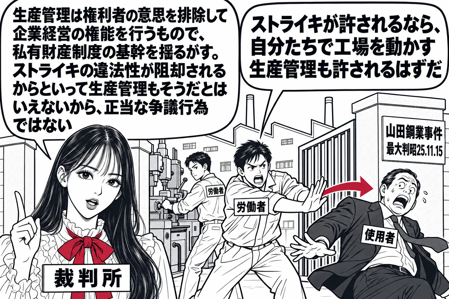 工場の場面。先生が裁判官役（札「裁判所」）で工場の門の前に立ち、中では作業服の労働者の男性たち（札「労働者」）が社長役の男性（札「使用者」）を門の外に押し出して、自分たちで機械を動かしている。労働者の吹き出し「ストライキが許されるなら、自分
