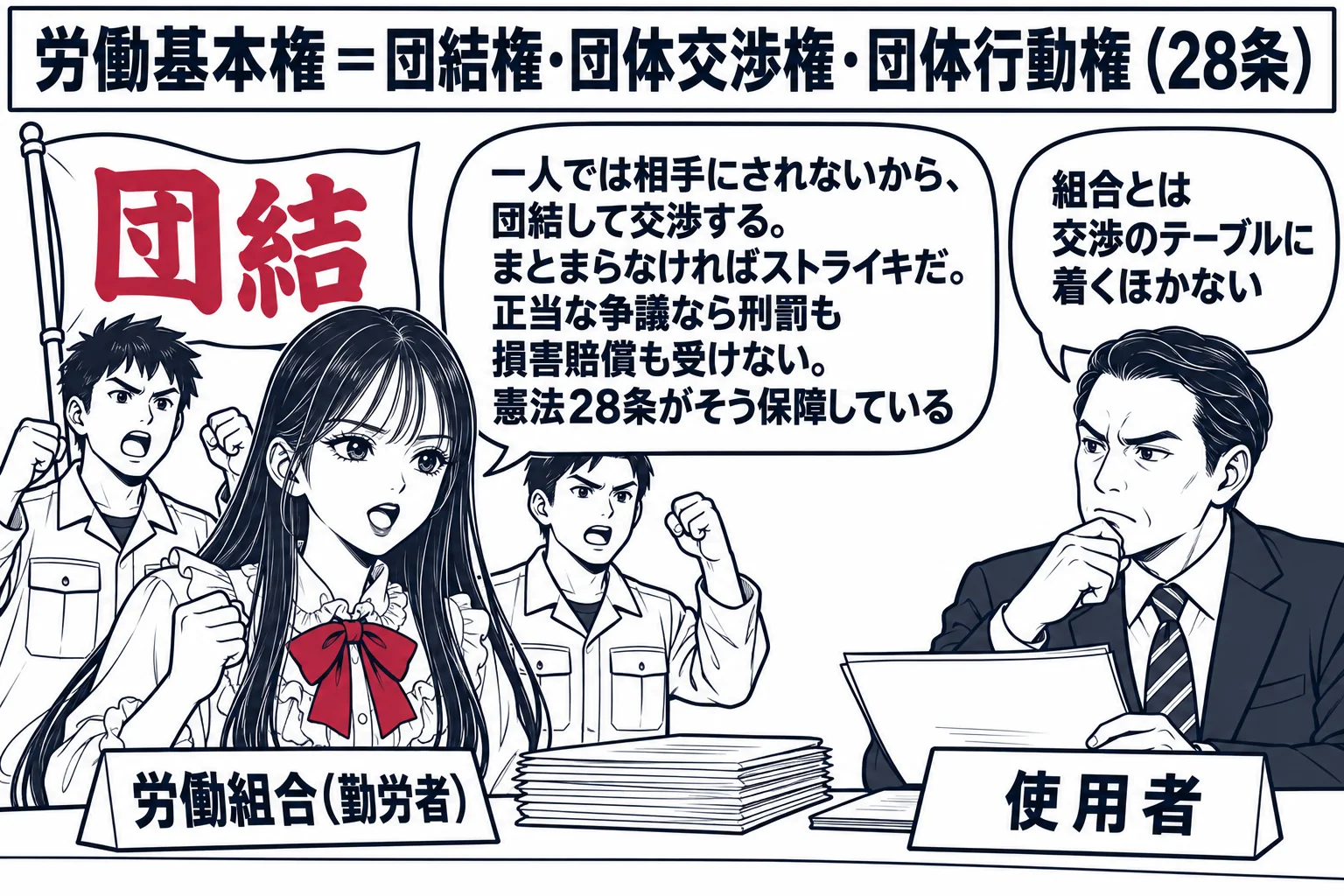 会社の交渉室の場面。先生が労働組合の委員長役（札「労働組合（勤労者）」）で机の手前に立ち、後ろに作業服の組合員の男性たちが「団結」と書いた旗を持って並んでいる。机の向こうに社長役の男性（札「使用者」）。先生の吹き出し「一人では相手にされない