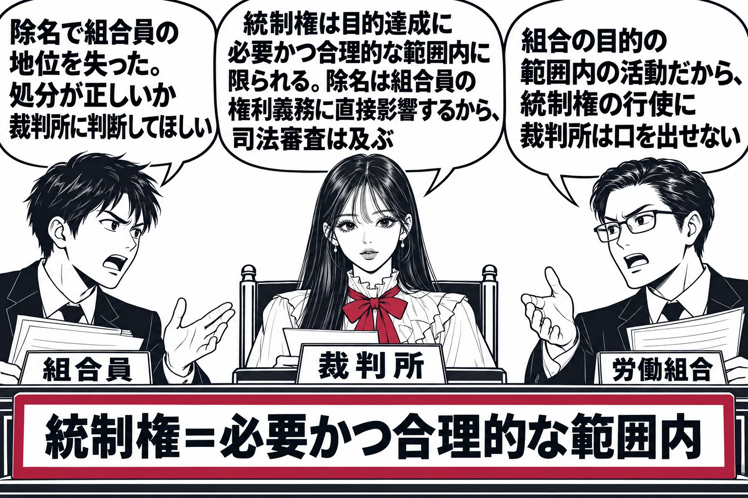 裁判所の法廷の場面。先生が裁判官役（札「裁判所」）で法壇に座り、原告席に除名された元組合員の男性（札「組合員」）が吹き出し「除名で組合員の地位を失った。処分が正しいか裁判所に判断してほしい」。被告席に組合の役員の男性（札「労働組合」）が吹き