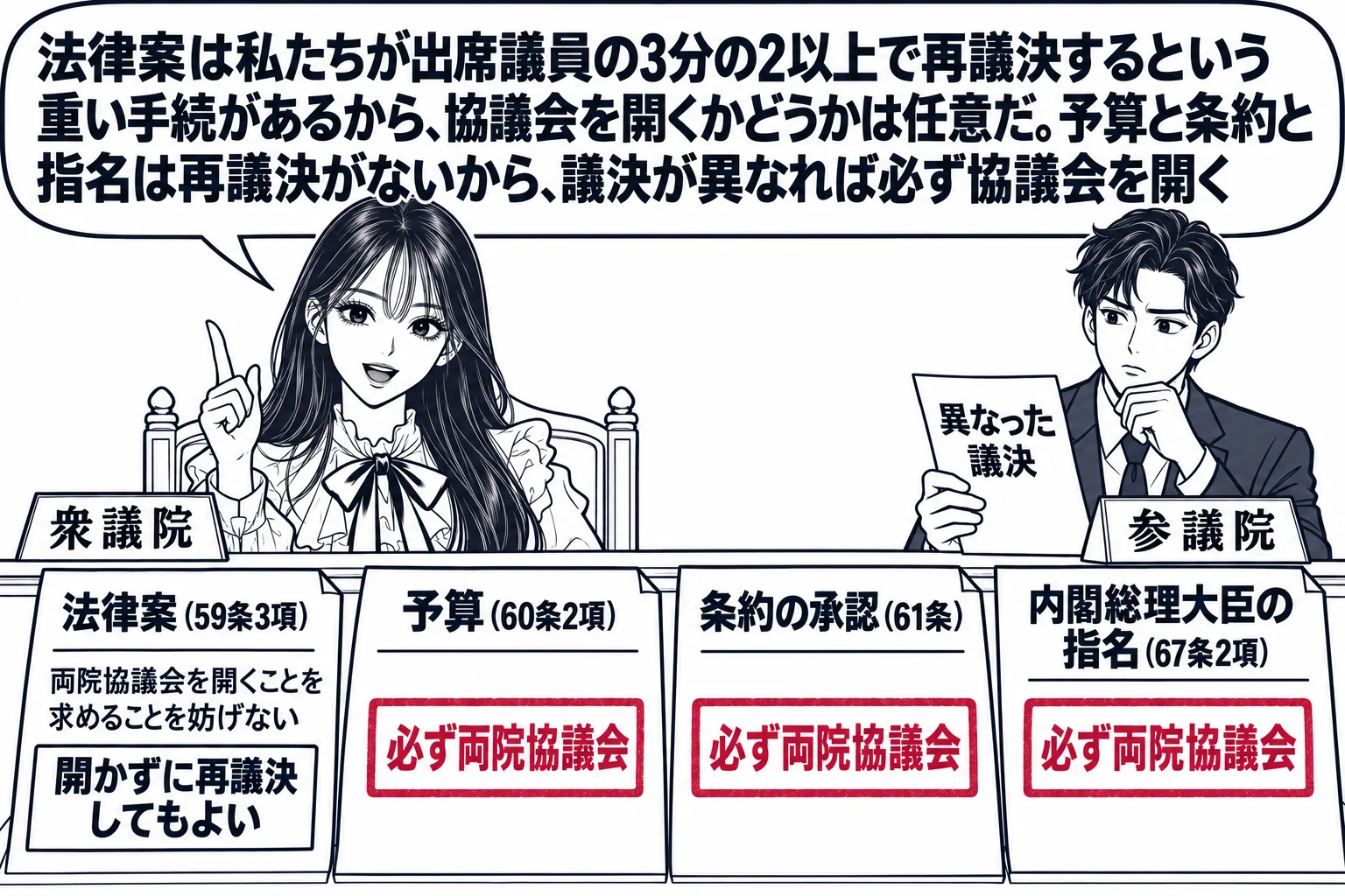 衆議院の議場の場面。先生が衆議院議長役（札「衆議院」）で議長席に立ち、目の前の机に四枚の紙が並んでいる。「法律案（59条3項）」の紙には「両院協議会を開くことを求めることを妨げない」と小さく書かれ、その横に「開かずに再議決してもよい」の札。