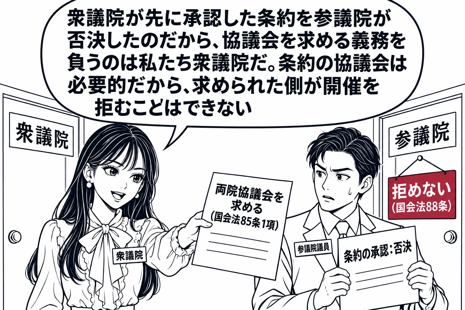 国会の廊下の場面。左に衆議院の扉（看板「衆議院」）、右に参議院の扉（看板「参議院」）。参議院の扉の前に参議院議員の男性が「条約の承認：否決」と書かれた紙を持って立っている。先生が衆議院議長役（札「衆議院」）で「両院協議会を求める（国会法85