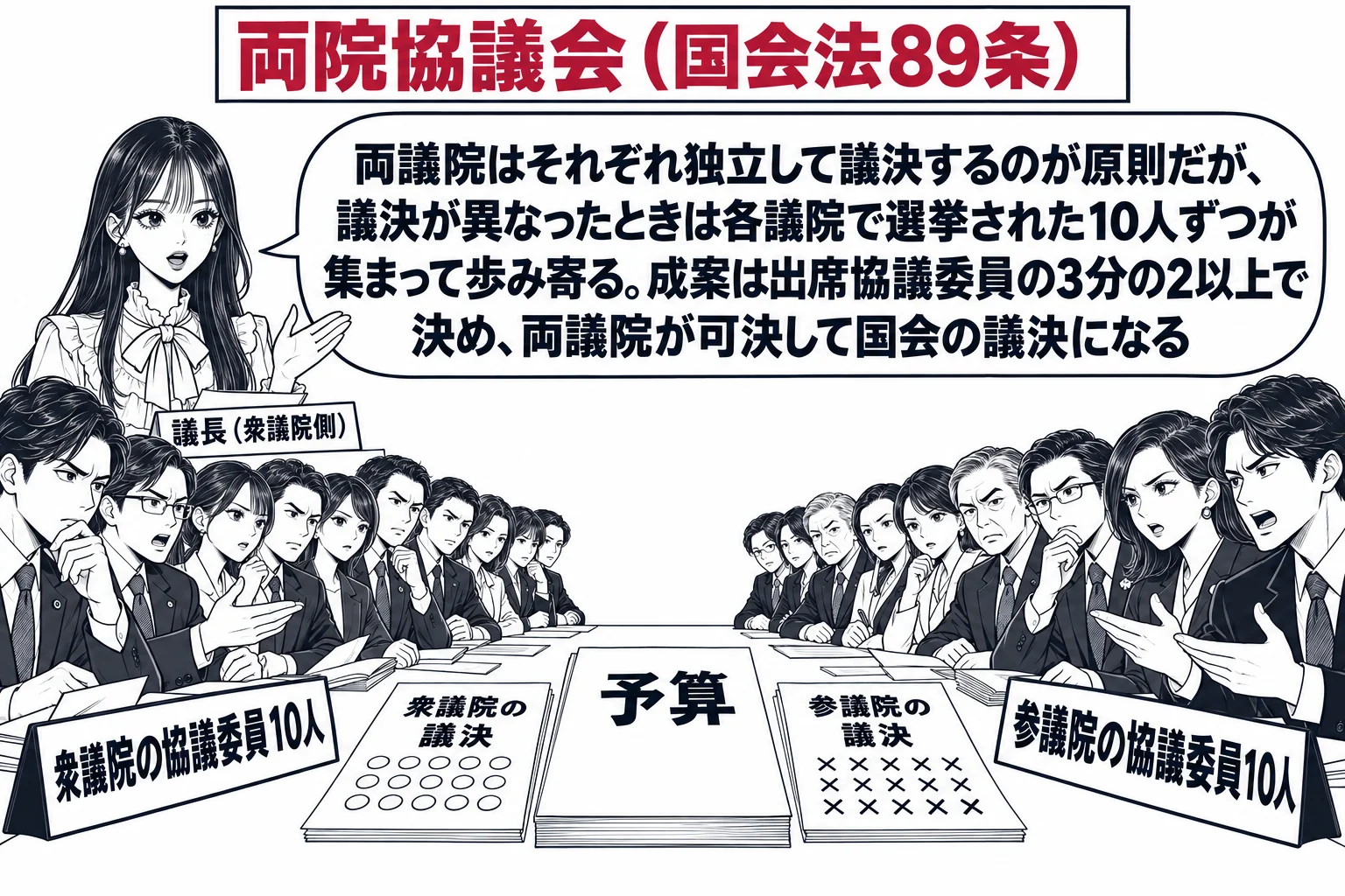 国会議事堂の中の小さな会議室の場面。上部の看板「両院協議会（国会法89条）」。長机の左側に「衆議院の協議委員10人」の札、右側に「参議院の協議委員10人」の札で、それぞれ議員が並んで座っている。机の中央に「予算」と書かれた紙が置かれ、左の紙
