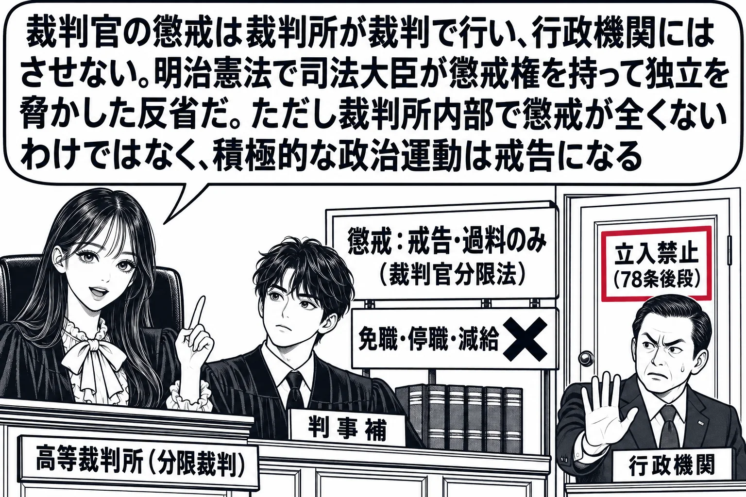高等裁判所の法廷の場面。先生が裁判官役（札「高等裁判所（分限裁判）」）で法壇に座り、法壇の前に法服を着た若い裁判官の男性（札「判事補」）が立っている。法壇の脇に「懲戒：戒告・過料のみ（裁判官分限法）」の札と、×印の付いた「免職・停職・減給」