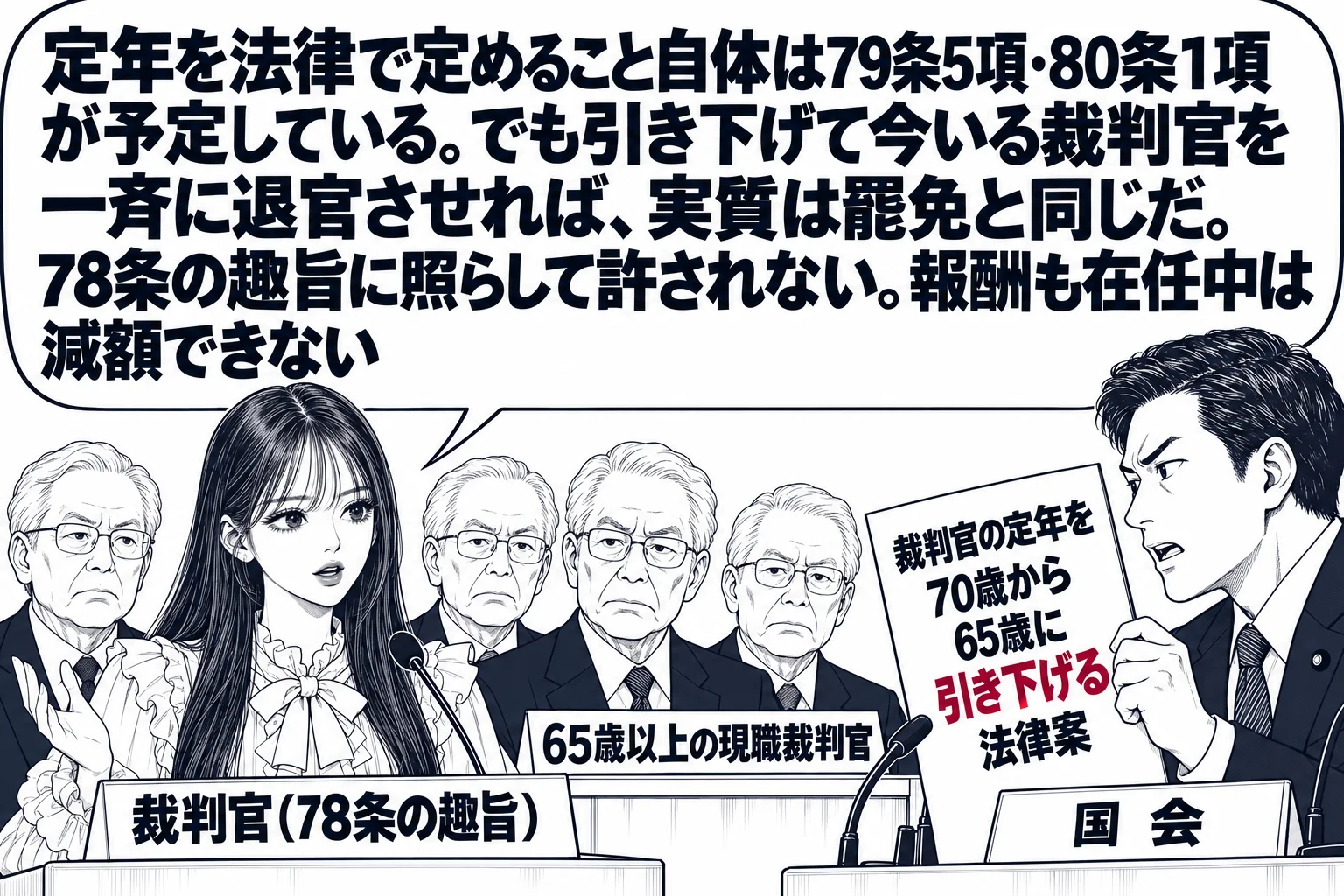 国会の委員会室の場面。先生が裁判官役（札「裁判官（78条の趣旨）」）で証言台に立ち、正面の議員の男性（札「国会」）が「裁判官の定年を70歳から65歳に引き下げる法律案」と書かれた紙を掲げている。先生の後ろに白髪の裁判官の男性たちが数人並び、