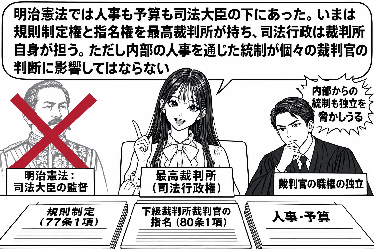 最高裁判所の事務総局の場面。先生が最高裁判所の裁判官役（札「最高裁判所（司法行政権）」）で机に着き、机の上に「規則制定（77条1項）」「下級裁判所裁判官の指名（80条1項）」「人事・予算」の札。左に半透明で明治憲法時代の司法大臣の男性（札「