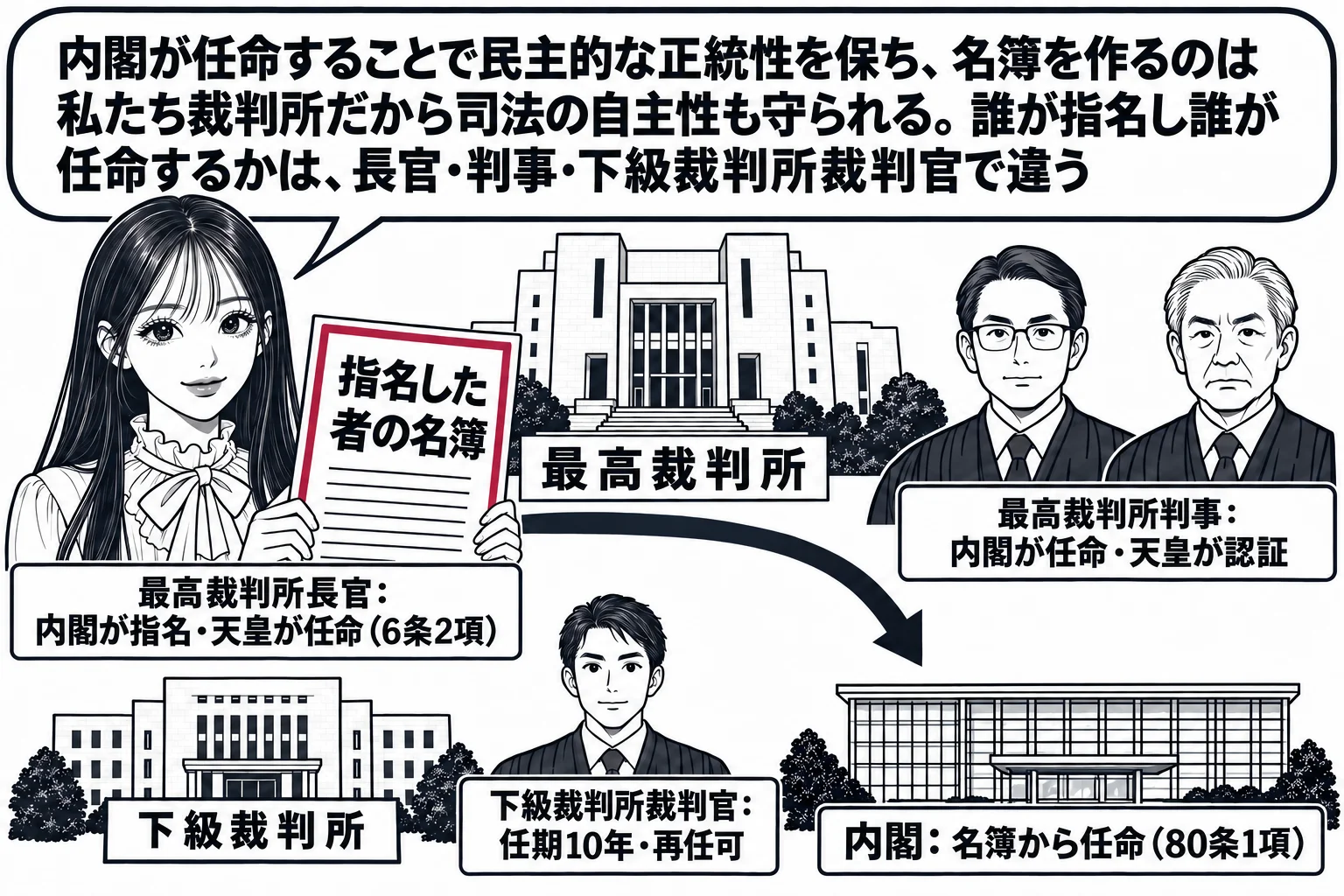 最高裁判所の建物を中心にした場面。先生が最高裁判所長官役（札「最高裁判所長官：内閣が指名・天皇が任命（6条2項）」）で正面に立つ。右に最高裁判所判事の男性たち（札「最高裁判所判事：内閣が任命・天皇が認証」）。下段に下級裁判所の建物と裁判官の